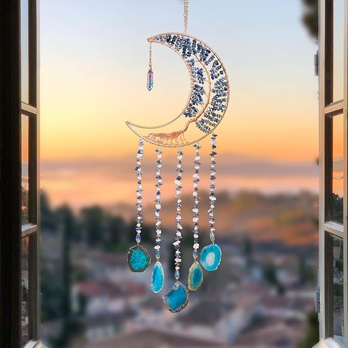 Agate Moon Dream Catchers with Crystal 7 Chakra Gemstone Dream Catchers Color Natural Gem Agate Wall Hangings Room Garden Dreamcatchers Decor (Lake Blue)