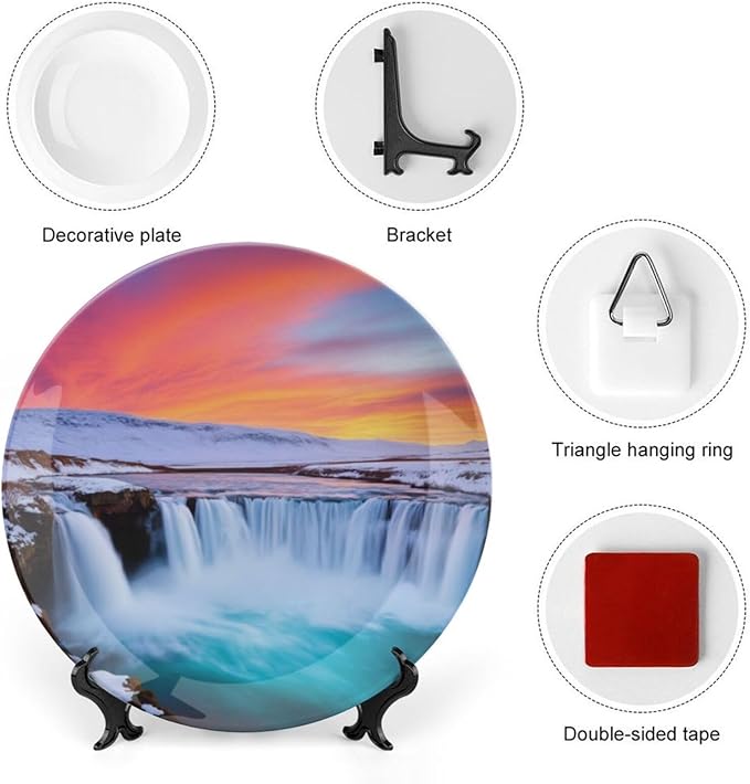 Waterfall Theme Decorative Ceramic Plate Round Porcelain Plate,10 inch,Winter Pattern,for Decorative Ornaments Giving Plates,1 Plate with 1 Display Stand,Blue White