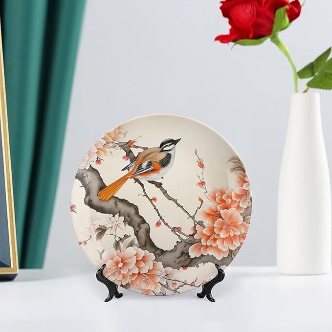 Decorative Plates for Home Decor, Bird & Peony Flower Chinese Meticulous Painting Decor Tray for Table Display, Ceramic Dinner Plate w/Stand, Kitchen Decor, Housewarming Gifts, 7 Inch