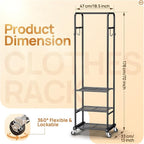 Clothes Rack with Wheels, Freestanding Garment Rack with 3 Metal Shelves for Hanging Clothes, Portable Hanging Rod for Small Room, Bedroom, Bathroom (Black)