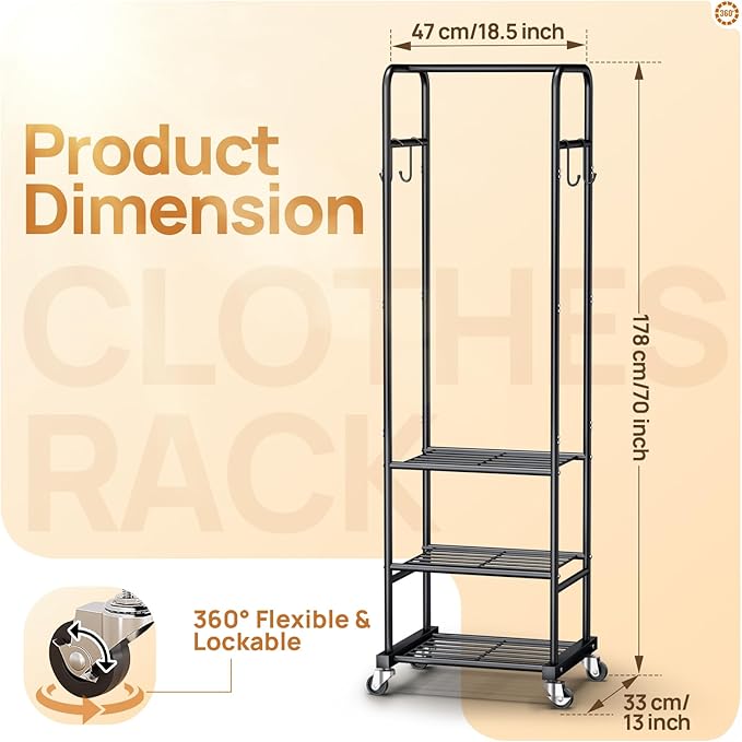 Clothes Rack with Wheels, Freestanding Garment Rack with 3 Metal Shelves for Hanging Clothes, Portable Hanging Rod for Small Room, Bedroom, Bathroom (Black)