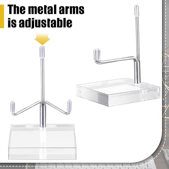 Suzile 4 Pcs Adjustable Metal Arm Display Stand Easel with Acrylic Base Rock Display Easel Holder Acrylic Crystal Clear Plate Stand for Geodes Mineral Agate(Silver,2.8 x 2.8 x 4 Inch)