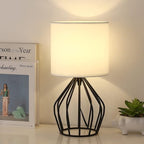 HAITRAL Modern Bedside Table Lamp - Minimalist Small Lamp with Hollowed Out Base Linen Fabric Shade,Metal Nightstand Lamp for Bedroom Living Room Side Table Desk Kids Room- Black/White
