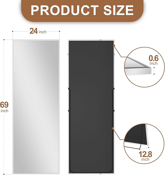 Delma Full Length Mirror,Large Floor Mirror with Aluminum Frame for Bedroom, Bathroom, Living Room,Wall Mount or Freestanding Design(with Stand,Rect 69x24-Silver)