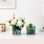 Square Green Glass Vases Set of 6, 5" x 5" x 5" Flower Vases for Centerpieces, Square Vase for Centerpieces, Small Vase for Wedding, Party, Home Office Decoration