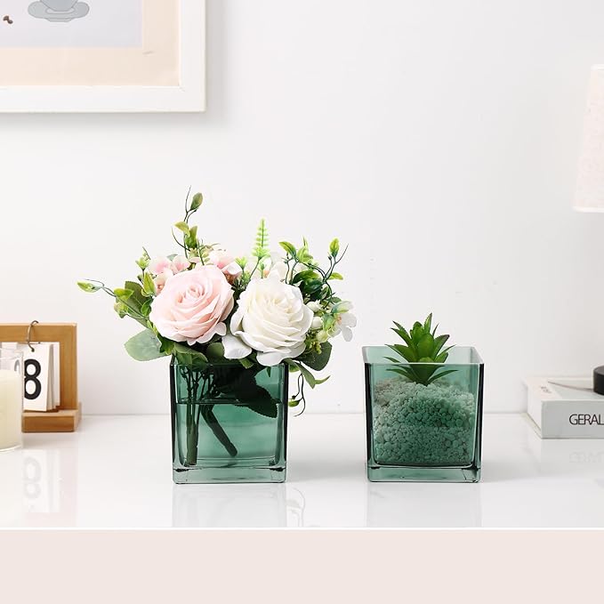 Square Green Glass Vases Set of 6, 5" x 5" x 5" Flower Vases for Centerpieces, Square Vase for Centerpieces, Small Vase for Wedding, Party, Home Office Decoration