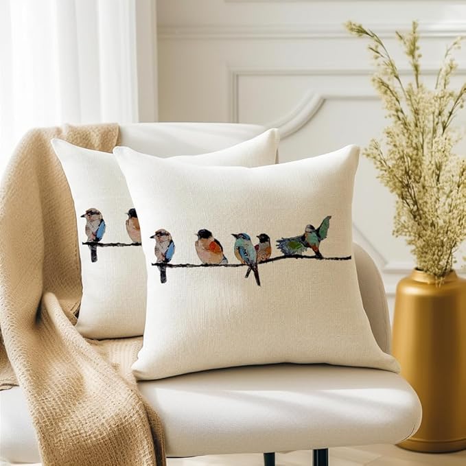 RABUSOFA 18x18 Outdoor Birds Pillow Decorative Throw Pillows,Small Throw Pillows for Couch,Hand-Painted Pillowcases Spring Summer Decorations Cushion Covers Cotton Linen for Sofa Teal Blue