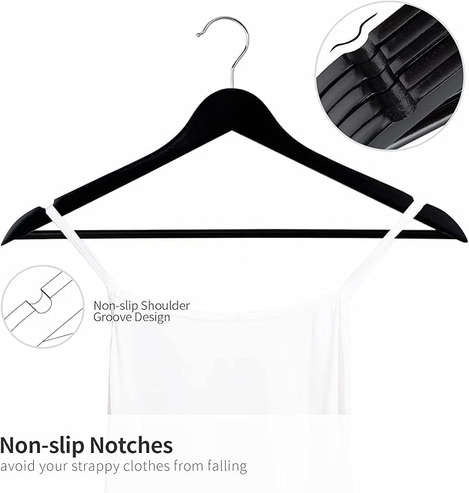 ELONG HOME Solid Wooden Hangers 20 Pack, Wood Suit Hangers with Extra Smooth Finish, Precisely Cut Notches and Chrome Swivel Hook, Wooden Clothes Hangers for Shirt Coat Jacket Dress, Black