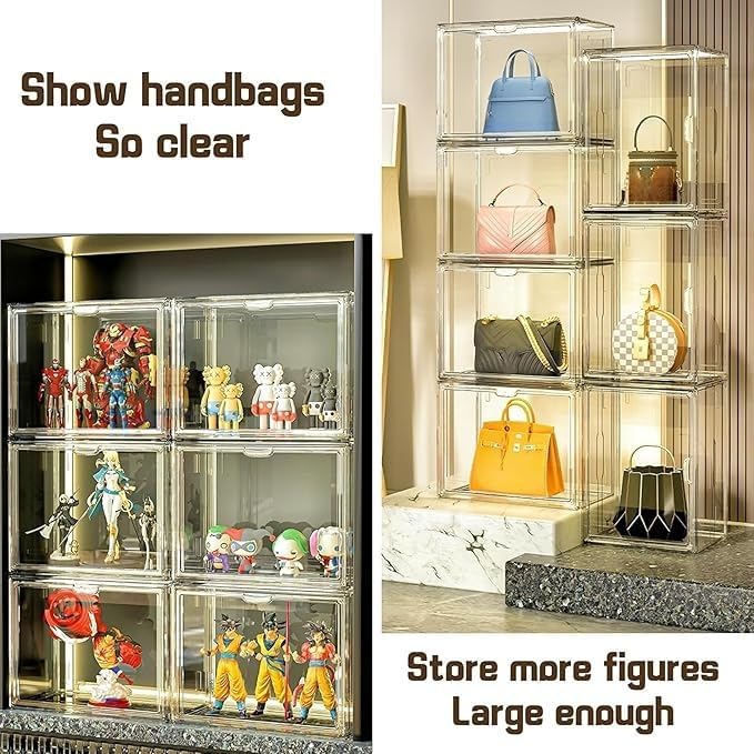Clear Stackable Plastic Storage Bins with Lid, Dustproof Book Cosmetic Acrylic Display Cases with Magnetic Door, Large Figures Collectibles Showcase