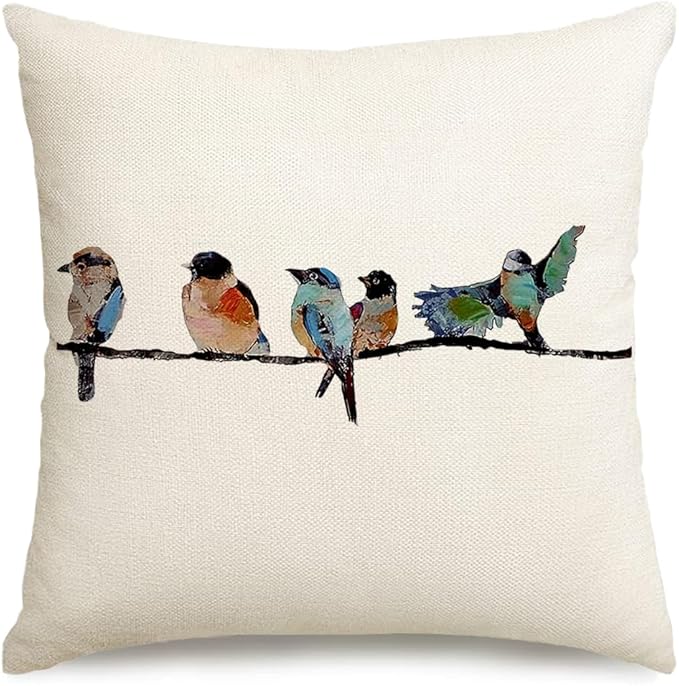 RABUSOFA 18x18 Outdoor Birds Pillow Decorative Throw Pillows,Small Throw Pillows for Couch,Hand-Painted Pillowcases Spring Summer Decorations Cushion Covers Cotton Linen for Sofa Teal Blue
