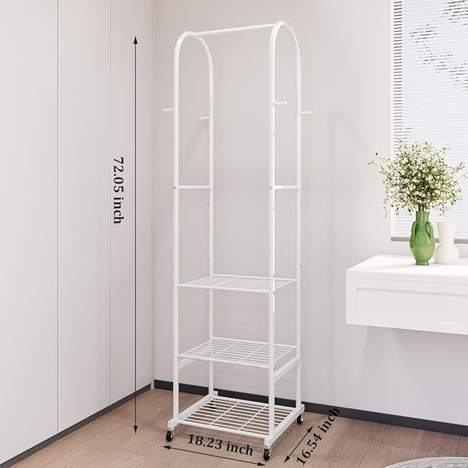 SUOERNUO Clothes Rack With Wheels and 3-Tier Metal Shelves,Clothing Rack For Hanging Clothes With 4 Hooks,Garment Rack Wardrobe Organizer for Small Space,Black (white, 16.54 * 18.23 * 72.05)