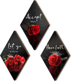 3 Pcs Red Rose Bathroom Wall Decor Flower Red Decor Inspirational Wooden Wall Art Office Wall Decor with Accept Let Go Have Faith Sign for Girl Women Bathroom Living Room Bedroom(12 x 7 Inch)