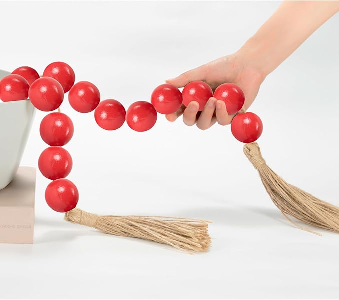 OMISHE Extra Large Wood Bead Garland Red with 1.6" Diameter Wooden Beads and Tassels, 41" Long Rustic Farmhouse Country Decorative Beads for Home Tiered Tray Decor, Red