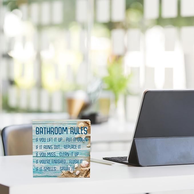 Beach Bathroom Decor Bathroom Rules Starfish Summer Decorations Wooden Box Sign for Home Office Farmhouse Table Shelf