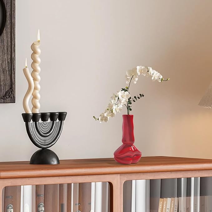 Red Lip Vase, Unique Ceramic Face Shaped Artistic Vase for Flowers, Red Room Dining Table and Desk Decoration