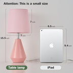 Small Bedside Table Lamp for Bedroom - Reading Desk Lamp with 3 Color Temperatures，15.5" Nightstand Ceramic Lamp with Fabric Shade for Kids Room,Living Room,Dorm,Home Office (Pink)