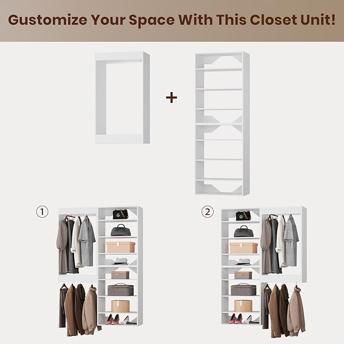 ROOMTEC Modular Closet System, 43" Wall-Mounted Closet Organizer with Hanging Rods and Shelves, Wooden Tower for Walk-In Closets, Wardrobe Storage Kit, White