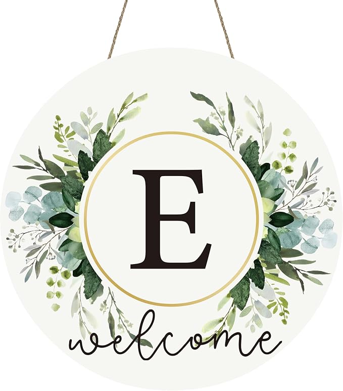 Monogram Letter E Wreaths for Front Door Wreath Wooden Welcome Sign for Front Door Decor Floral Family Last Name Initial House Warming Spring Summer Porch Rustic Wall Home Kitchen Boho Decorations