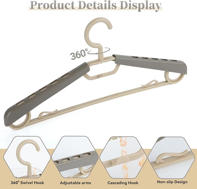 12-Pack Heavy Duty Plastic Extra-Wide Arm 15"-23" Suits Clothes Hangers with Swivel Hooks,Perfect for Coat,Jacket,Dress,Shirt,Trousers or Closet Space Saving,Grey&Tan