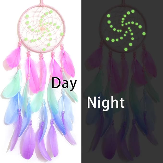 Luminous Dream Catchers for Girls, Handmade Pink Feather Native Wall Decoration