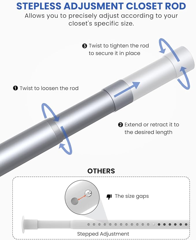 Closet Rods for Hanging Clothes, 17 to 39 Inches Stepless Adjustable Metal Closet Rod, 1.3 Inches Heavy Duty Clothes Hanging Rod for Closet Wardrobes Laundry RV, Silver