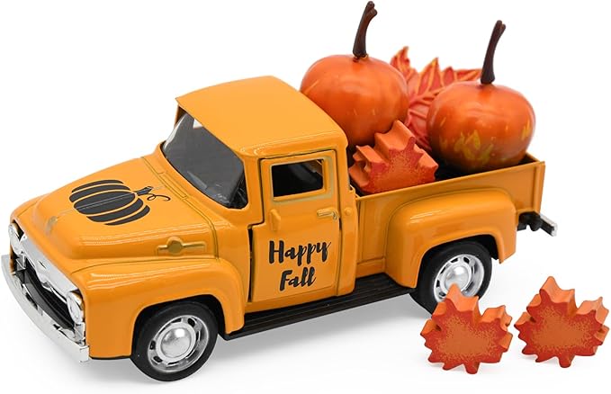 Thanksgiving Truck Decor, Fall Orange Maple Leaf Pumpkin Metal Truck Decorations for Home Indoor, Mini Cute Pumpkin Tiered Tray Decor, Farmhouse Kitchen Tabletop Centerpiece Decorations