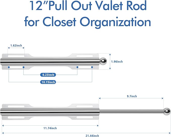 FIRJOY 12" Valet Rod for Closet Pull Out (1 Pack, Chrome)