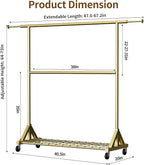 Luxspire Heavy Duty Clothes Rack Load 600 LBS, Double Rod Clothing Rack, Rolling Garment Racks with Lockable Wheels, Shelves, Adjustable Laundry Hanging Racks for Clothes, Gold