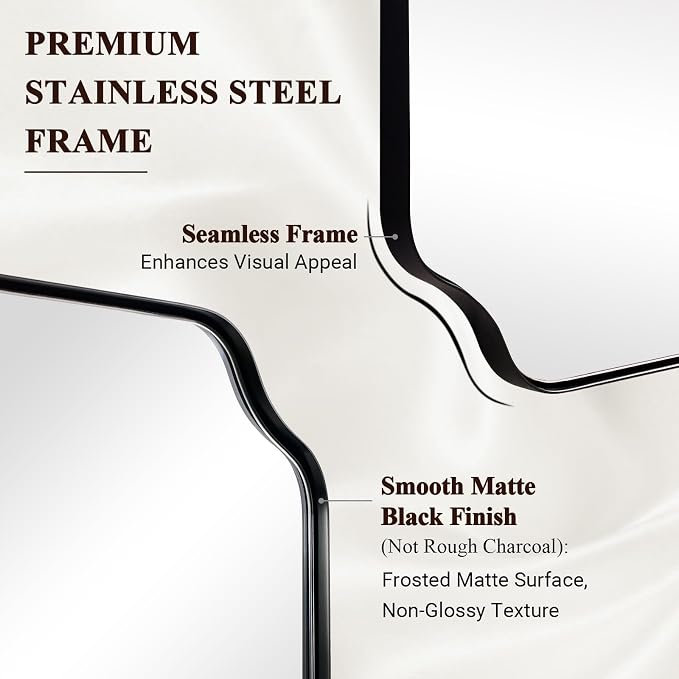 ANDY STAR Bathroom Vanity Mirror, 24x36 Inch Matte Black Mirror, Modern Rectangle Mirrors for Bathroom, Asymmetrical Wall Mirror with Scalloped Round Corner