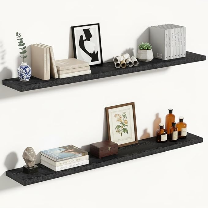 Vivelove 55 Inches Floating Shelves Wall Mounted, 10" Deep Wall Shelves for Bedroom, Bathroom, Living Room, Kitchen, Office, Home Decor, Modern Shelf, Set of 2, Black, 55x10.2x1.5