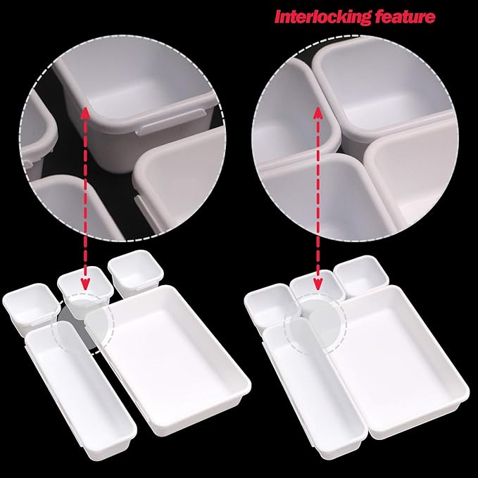 Set of 32 Interlocking Desk Drawer Organizer Tray Dividers Plastic Shallow Narrow Drawers Organizers Separators Storage Bins Container for Kitchen Bathroom Makeup Office Vanity Bedroom Dresser White