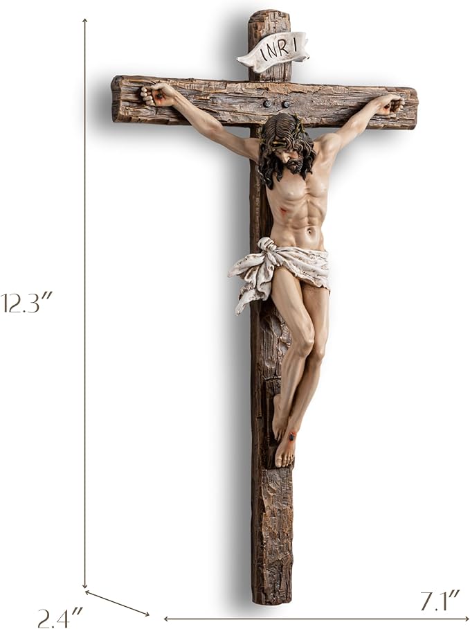 DevotedWalls Realistic Wall Crucifix,Lifelike Jesus Crucifixion Statue,12"H Resin Detailed Wood-looking Cross with Corpus,Hand Painted Jesue INRI Wall Cross for House,Catholic Gift Home Decor (Full Color）