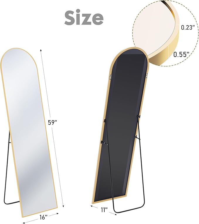 DUMOS 59"x16" Arched Full Length Mirror with Stand, Floor Standing Aluminum Frame, Shatter-Proof Nano Glass for Bedroom, Living Room, Cloakroom – Modern Simple Home DecorHanging or Leaning,Gold