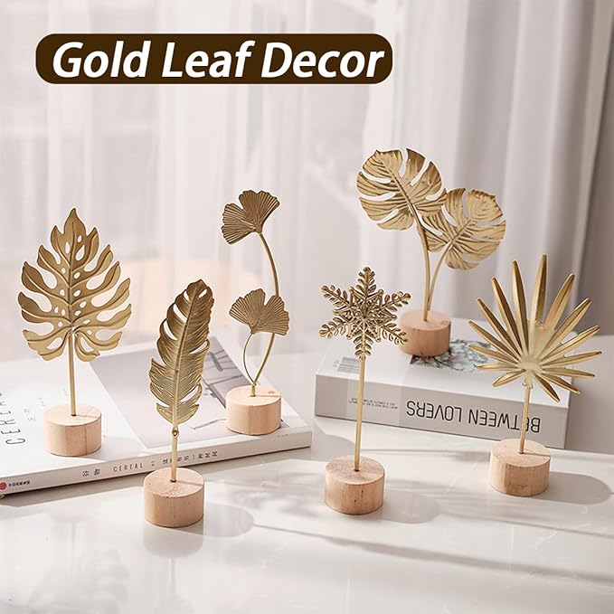 Gold Leaf Home Decor Set - Metal Leaves Statues, Modern Artistic Sculptures for Living Room, Office, Shelf & Home Decorative, Handmade 3D Botanical Accents (Monstera, Feather, Ginkgo, 3PCS)