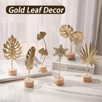 Gold Leaf Home Decor Set - Metal Leaves Statues, Modern Artistic Sculptures for Living Room, Office, Shelf & Home Decorative, Handmade 3D Botanical Accents (Monstera, Feather, Ginkgo, 3PCS)