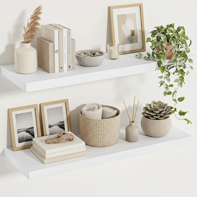 Vivelove White Floating Shelves 12 Inches Deep, [Wood Grain Texture] 36x12 Floating Shelves for Wall with Invisible Brackets, Room Shelves for Living Room Bedroom Kitchen Office, Set of 2