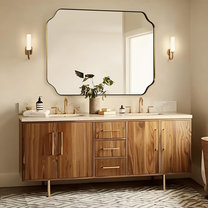 ANDY STAR 36"x48" Large Gold Mirror, Brushed Brass Rectangle Bathroom Mirror, Scalloped Vanity Mirror in Anti-Rust Stainless Steel 1’’ Frame, Unique Notched Corner Mirror, Ideal for Home Remodel