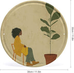 Wall Picture, with Potted Plant and Woman Printed Circular Iron Hanging Picture,Wall Art Decor,Home for Bedroom Living Room Bathroom Decor,Iron Painting 11.8X11.8 in