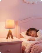 Pink Table Lamp, Small Tripod Table Lamp, Boho Bedside Lamp with Pink Linen Shade & Wood Base, Modern Nightstand Lamps, Little Cute Desk Lamp for Girls Room, Kids Room, Bedroom, P51TL05