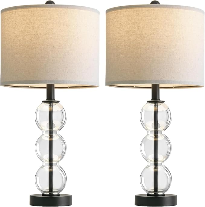 Oneach 25" Glass Table Lamps Set of 2, Black Modern Table Lamps with USB Ports for Living Room, Linen Shade Bedside Lamps for Bedroom, Nightstand, Side Table (Bulbs not Included)