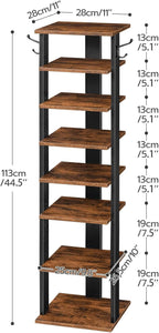 HOOBRO 8 Tiers Vertical Shoe Rack, Wooden Shoe Storage Organizer with Hooks, Narrow Shoe Tower for 8 Pairs, Space Saving, for Entryway, Living Room, Bedroom, Rustic Brown BF07XJ01G1