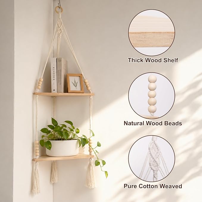 Artilady Macrame Wall Hanging Corner Shelf 2-Tier, Adjustable Boho Stable Shelves Display for Indoor Plants Candle Holder, Rustic Bedroom Living Room Home Decor (Beige Weave 2-Tier)