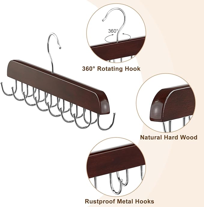 Belt Hanger for Closet, Sturdy Wood Belt Rack Closet Accessories with 14 Hooks Belt Organizer for Closet Organizers and Storage Max 42 Belts-Mahogany 2 Pack