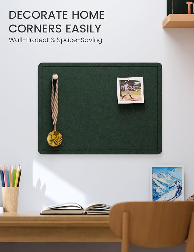 Fluxynara Bulletin Board, 23.6" x 17.5" Cork Board Alternative with 12 Safe Removable Adhesive Tabs, Foldable Felt Pin Board for Home Office, Classroom, Bedroom,Entryway for Walls—Pine Green