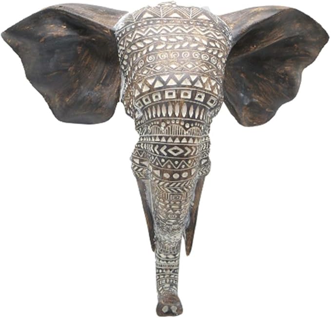 OTARTU African Elephant Wall Bust Sculpture 11" Tall Carved Noble Elephant Head Hanging Wall Decor Art Wooden Color