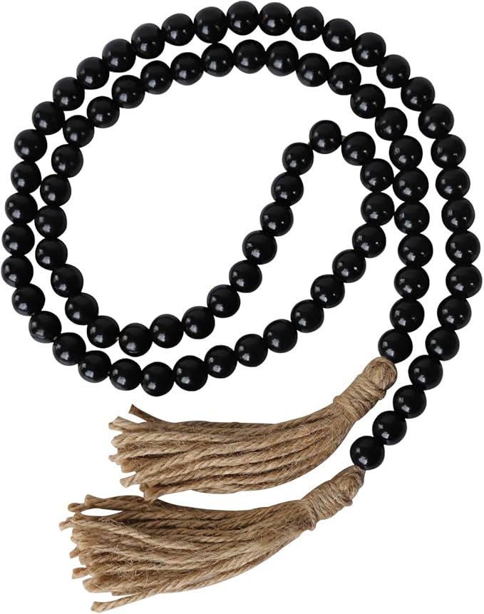 Boho Decor Wood Beads Garland Farmhouse Wall Hanging Decorations Natural Wooden Bead Tassel Decorative for Coffee Table Christmas and Prayer (Black, 58")