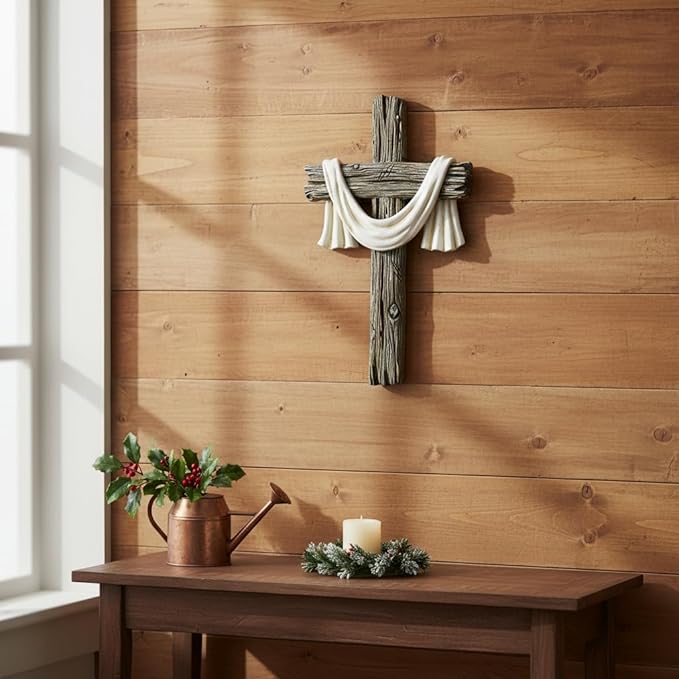 Comfy Hour 13" Rustic Brown Wall Cross Decor, Christian Farmhouse Wall Art with White Cloth, Wooden Look Religious Cross Plaque for Living Room, Bedroom, Entryway, Resin Sculpture Home & Communion Decor