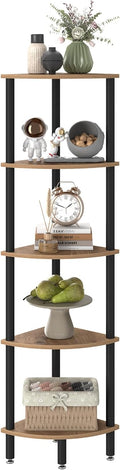IBUYKE 5 Tier Corner Shelf Stand,Industrial Corner Display Rack,Corner Bookshelf for Living Room, Bedroom, Kitchen, Home Office, Oak WBC010K