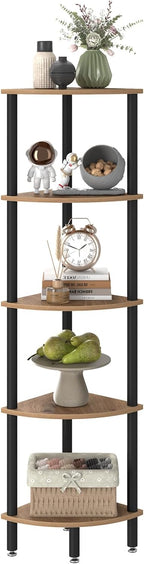 IBUYKE 5 Tier Corner Shelf Stand,Industrial Corner Display Rack,Corner Bookshelf for Living Room, Bedroom, Kitchen, Home Office, Oak WBC010K