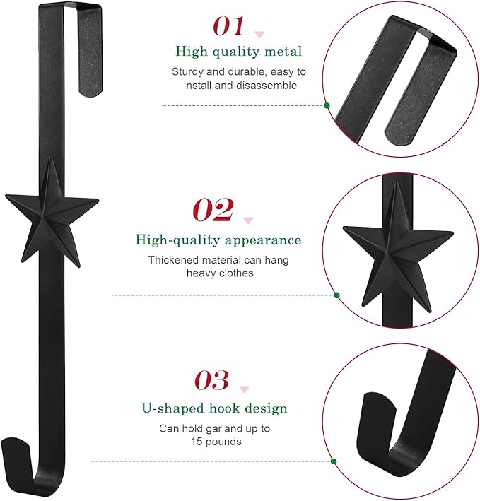 Wreath Hangers for Front Door,15" Sturdy Metal Wreath Doors Hangers,Over The Door Hooks for Front Porch Decor,Garland Hooks Holders for Halloween Christmas Decorations (Black Star, 2 Pack)